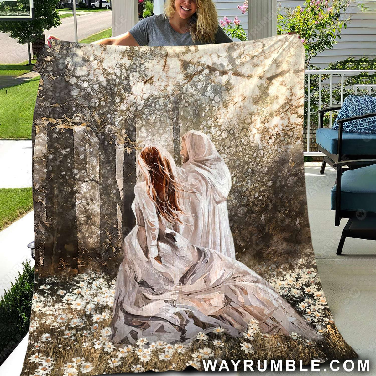 Walking with Jesus, Beautiful girl painting, In the forest, Among the flower field - Jesus Blanket
