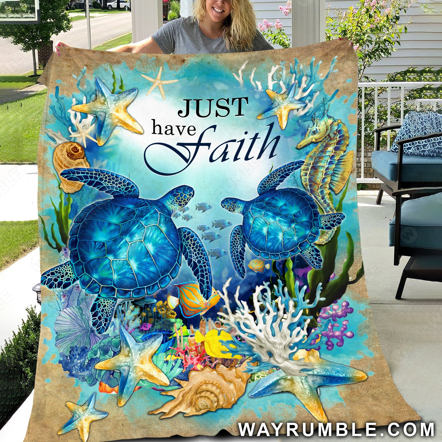 Big sea turtle, Deep ocean, Colorful starfish, Just have faith - Jesus Blanket