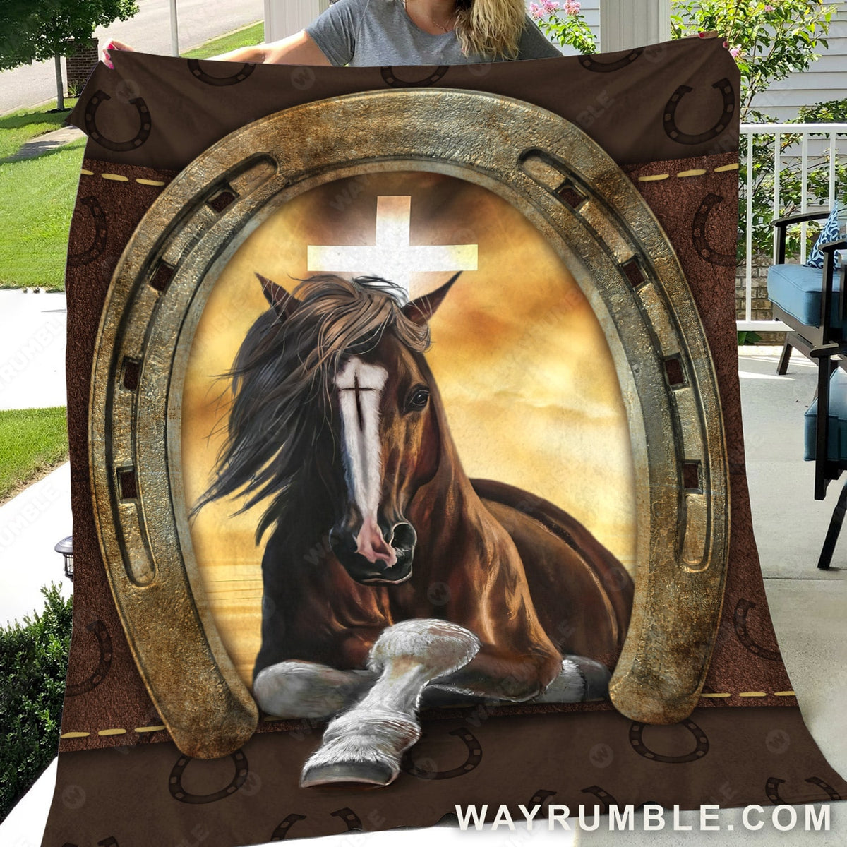 Black horse, Golden horseshoe, Cross symbol, Orange sunset - Jesus Blanket