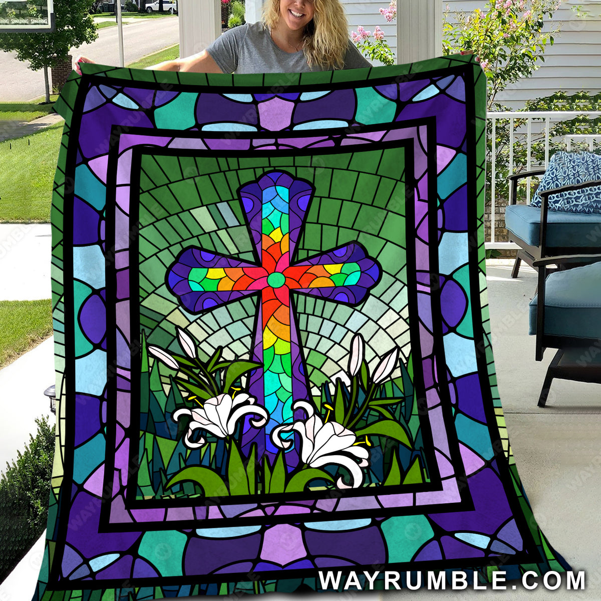 Colorful cross, Watercolor lily flower, Green meadow land - Jesus Blanket