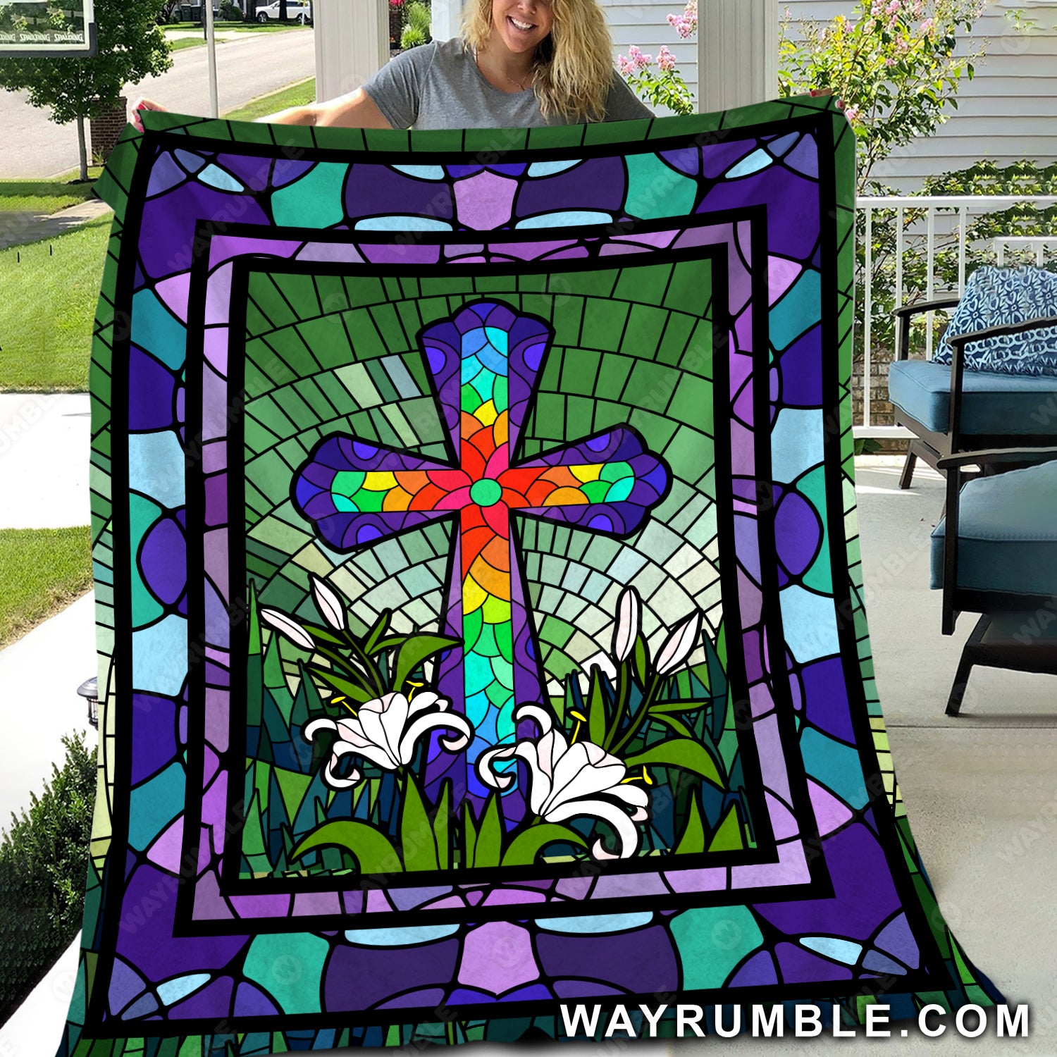 Colorful cross, Watercolor lily flower, Green meadow land - Jesus Blanket