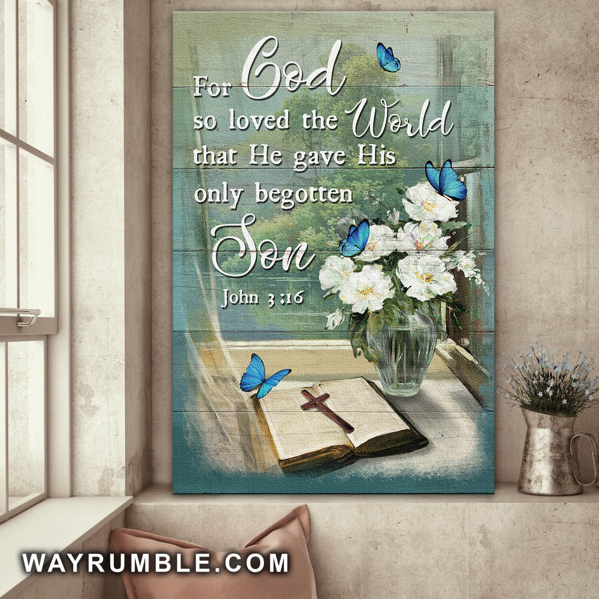 Bible, Flower Vase, Butterfly, Cross, He gave His only begotten son - Jesus Portrait Canvas Prints, Wall Art
