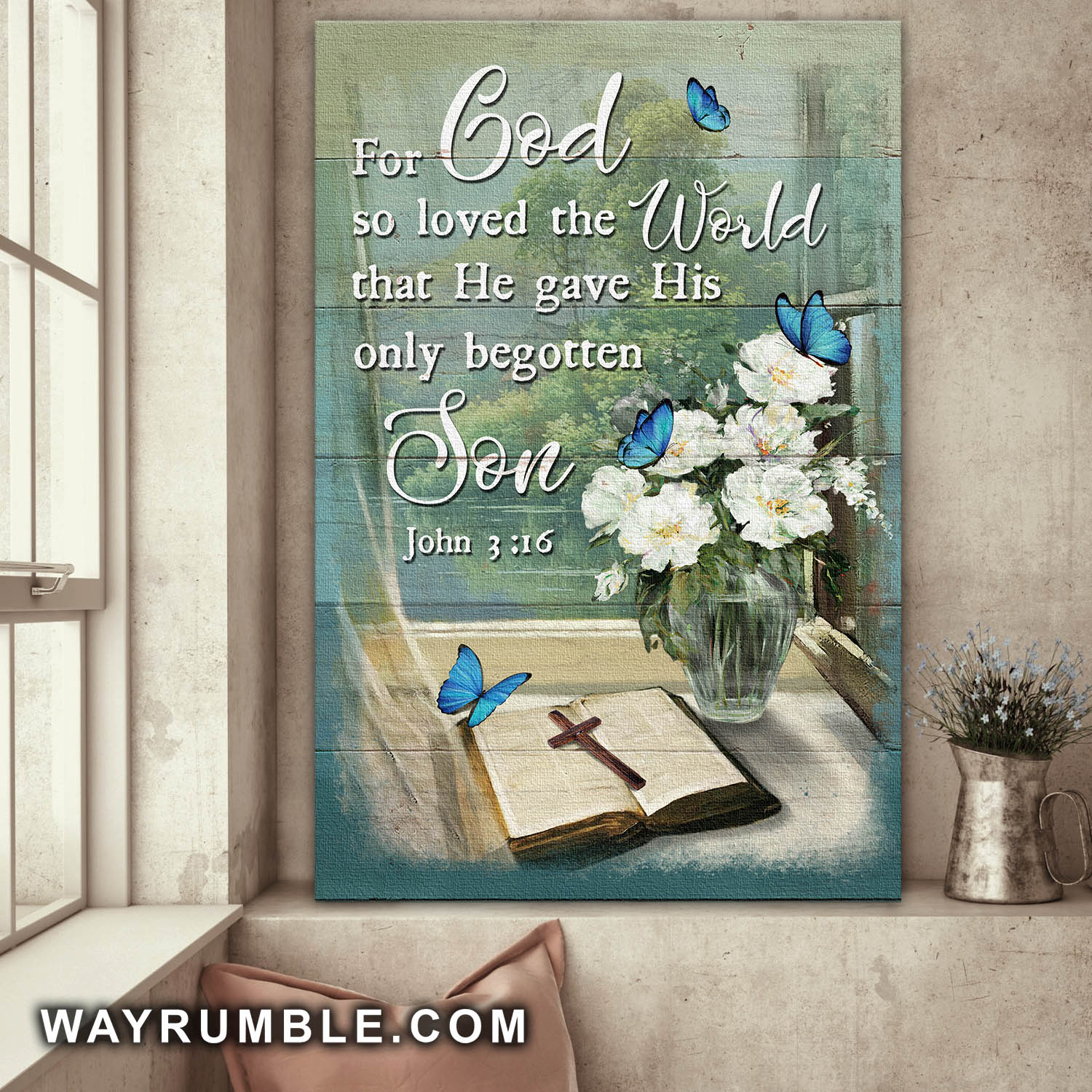 Bible, Flower Vase, Butterfly, Cross, He gave His only begotten son - Jesus Portrait Canvas Prints, Wall Art