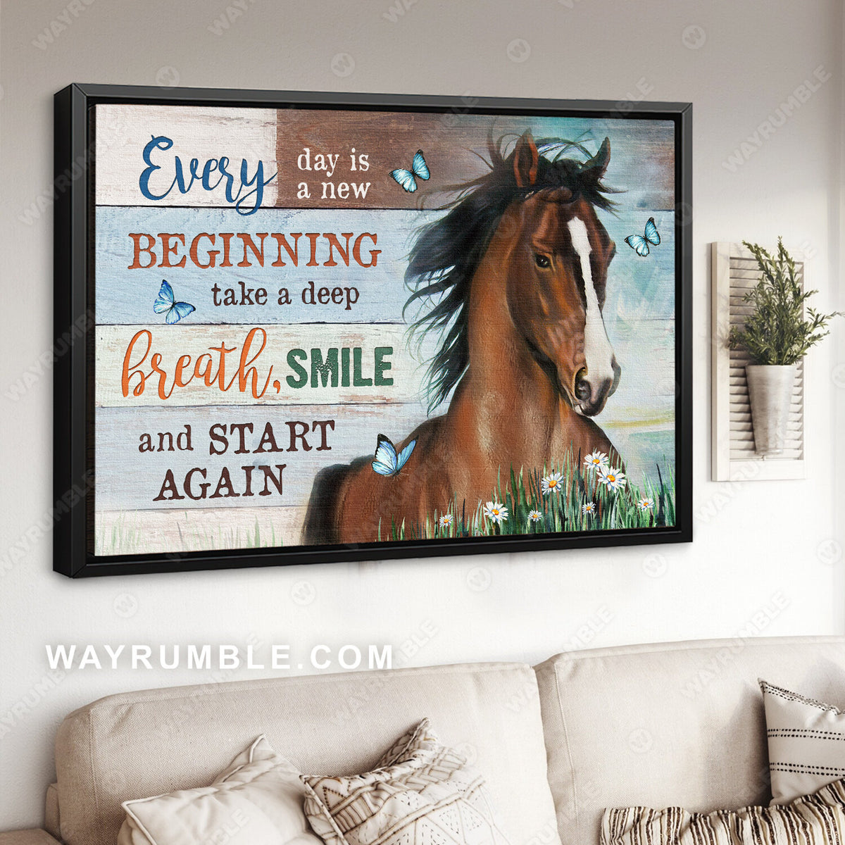 Brown horse, Blue butterfly painting, Baby daisy, Every day is a new beginning - Jesus Landscape Canvas Prints, Wall Art