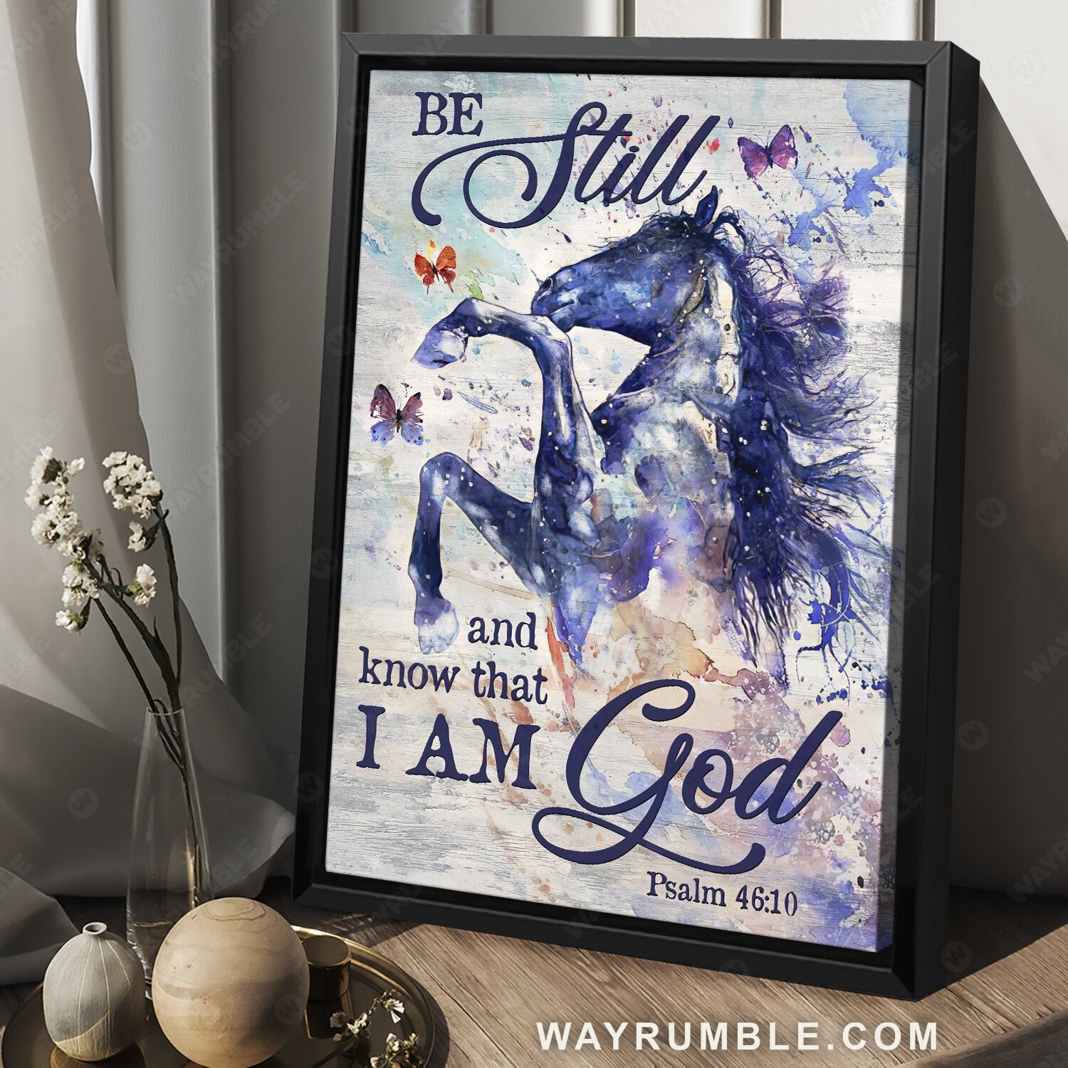 Purple horse, Colorful butterfly painting, Be still and know that I am God - Jesus Portrait Canvas Prints, Christian Wall Art