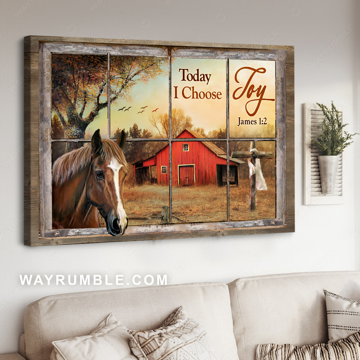 Beautiful horse, Colorful sunset, Red house, Cross, Today I choose joy - Jesus Landscape Canvas Prints, Wall Art