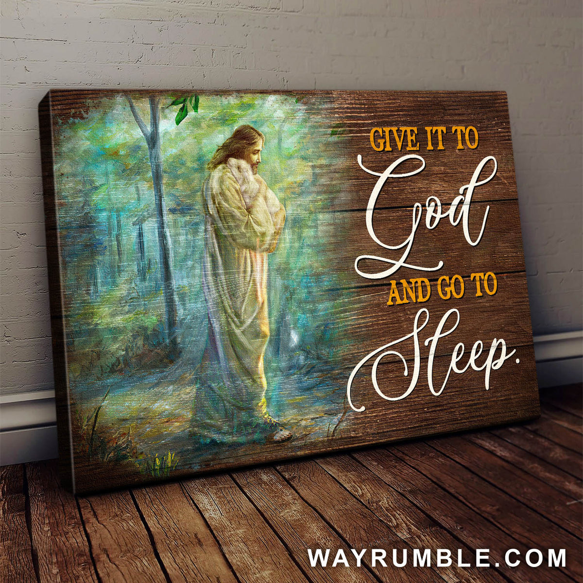 Jesus hugging lamb, Walking in the forest, Give it to God and sleep - Jesus Landscape Canvas Prints, Wall Art