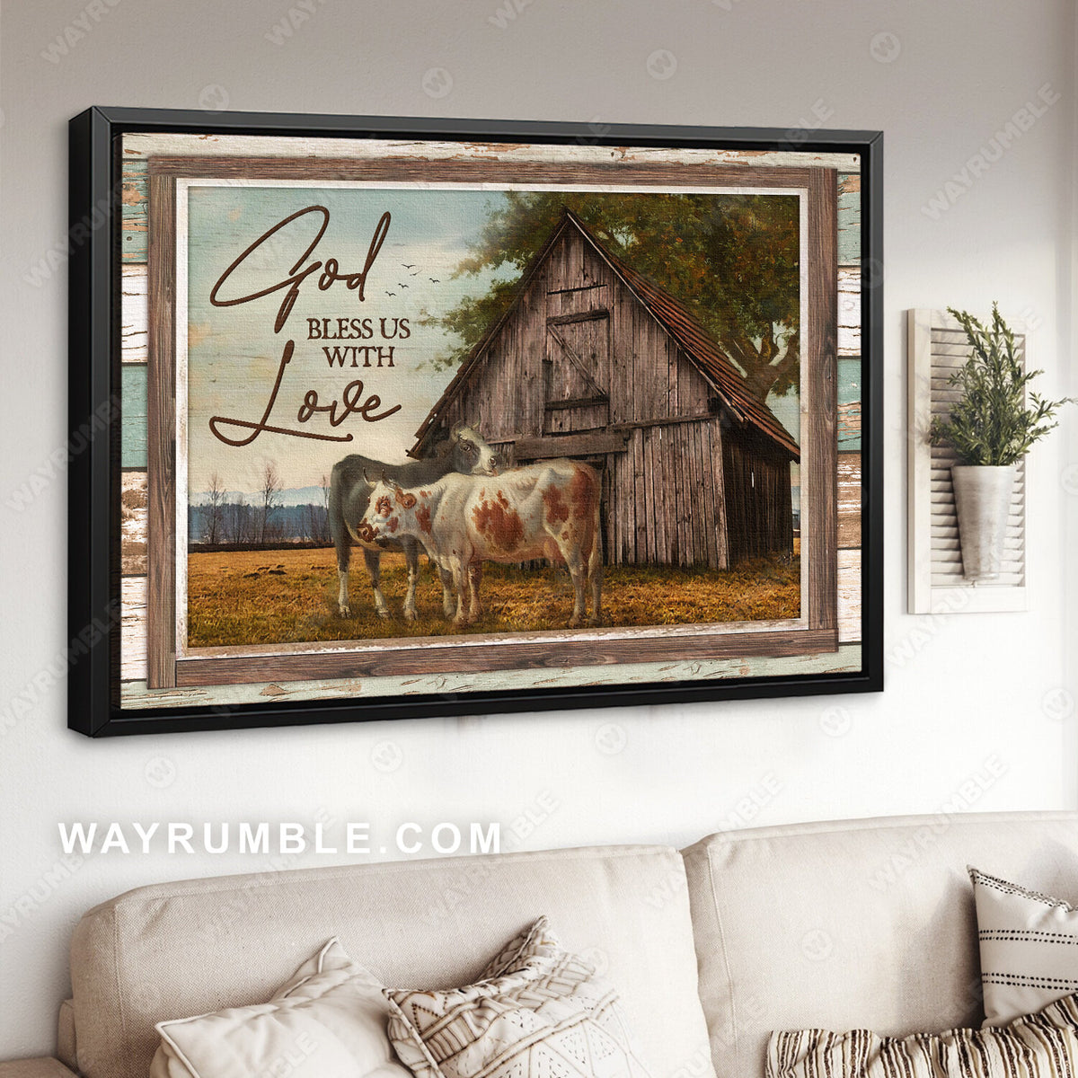 Brown spotted cow, Farm painting, Wooden house, God bless us with love - Jesus Landscape Canvas Prints, Christian Wall Art
