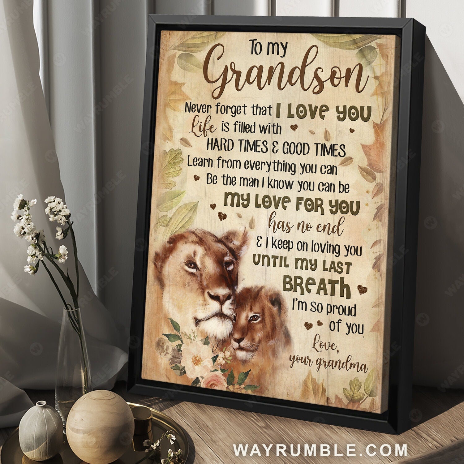 Grandma to grandson, Watercolor lion, Light pink rose, Never forget that I love you - Family Portrait Canvas Prints, Wall Art