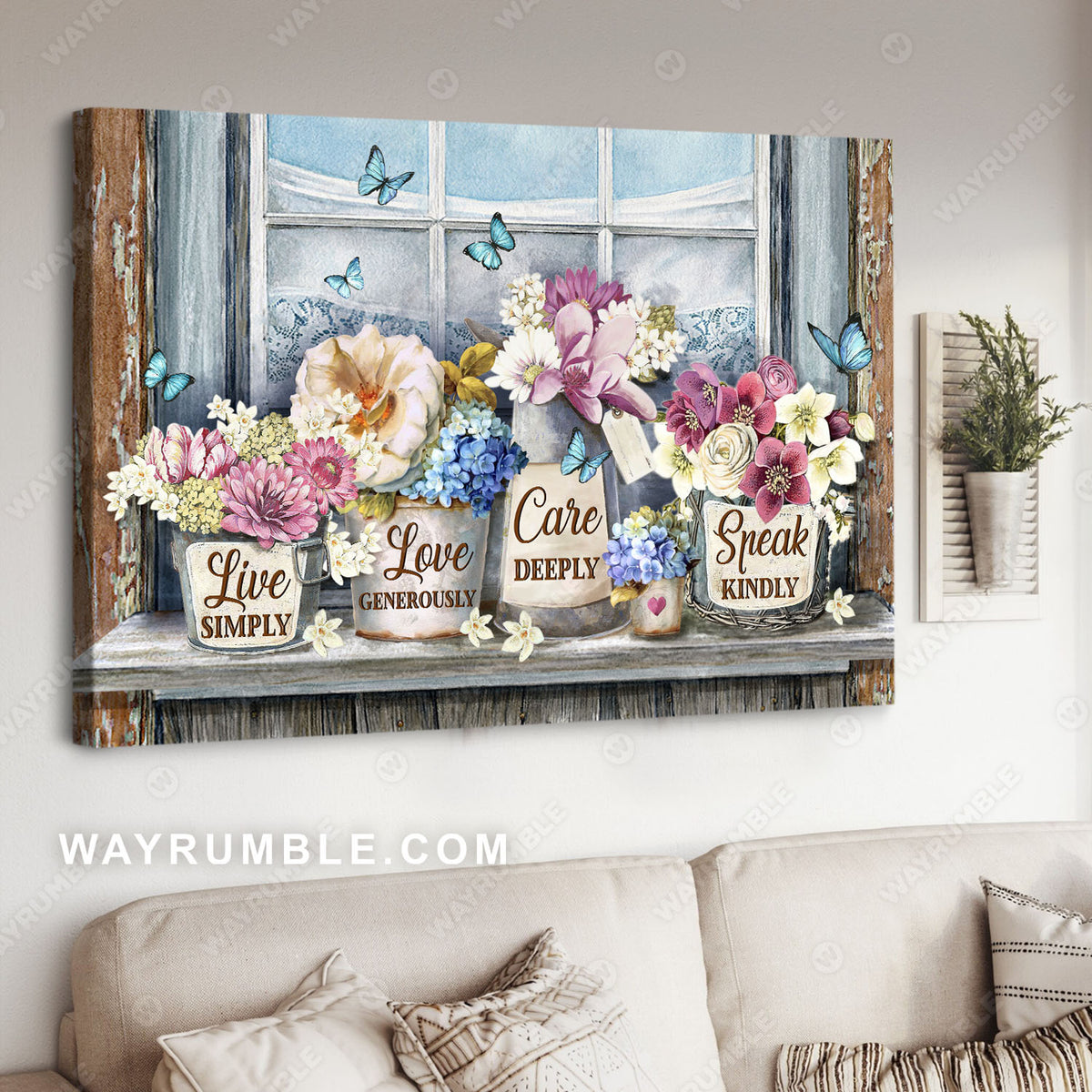 Pink flower vase, Pretty butterfly, Jasmine, Live simply, Love generously - Jesus Landscape Canvas Prints, Christian Wall Art