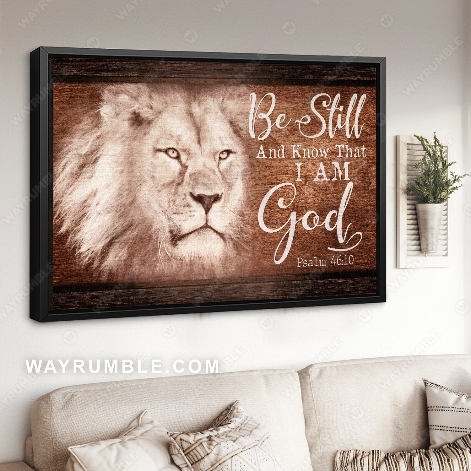 White lion, Wooden background, In your eyes, Be still and know that I am God - Jesus Landscape Canvas Prints, Christian Wall Art