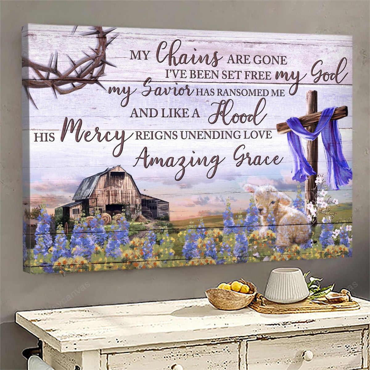 Old Barn Painting, Lavender Field, Lamb of God, Cross, His mercy reigns unending love - Jesus Landscape Canvas Prints, Wall Art