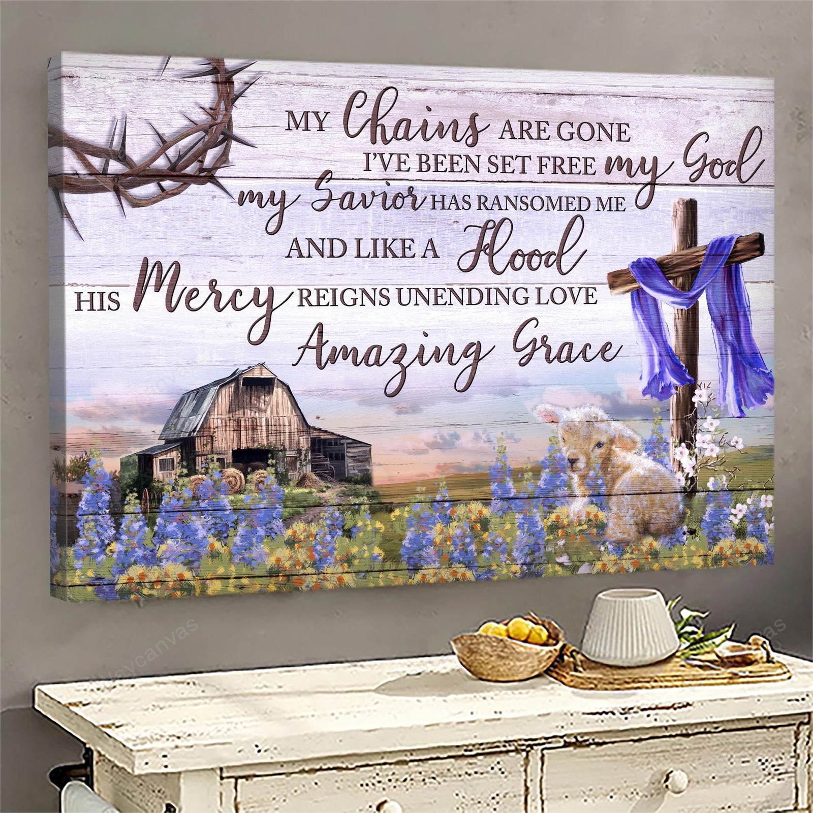 Old Barn Painting, Lavender Field, Lamb of God, Cross, His mercy reigns unending love - Jesus Landscape Canvas Prints, Wall Art