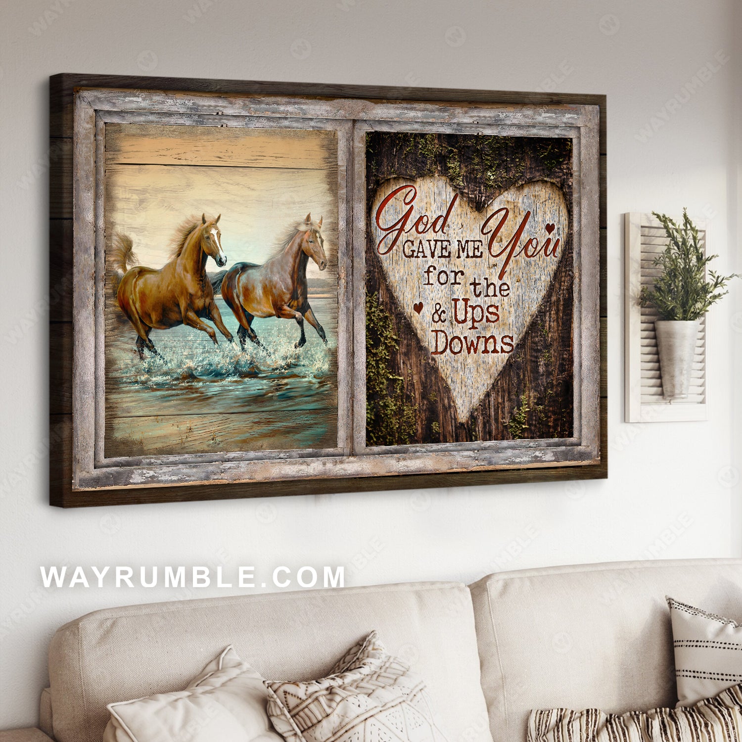 Crazy horses, Blue ocean, Heart shape, God gave me you for the ups and downs - Jesus Landscape Canvas Prints, Christian Wall Art