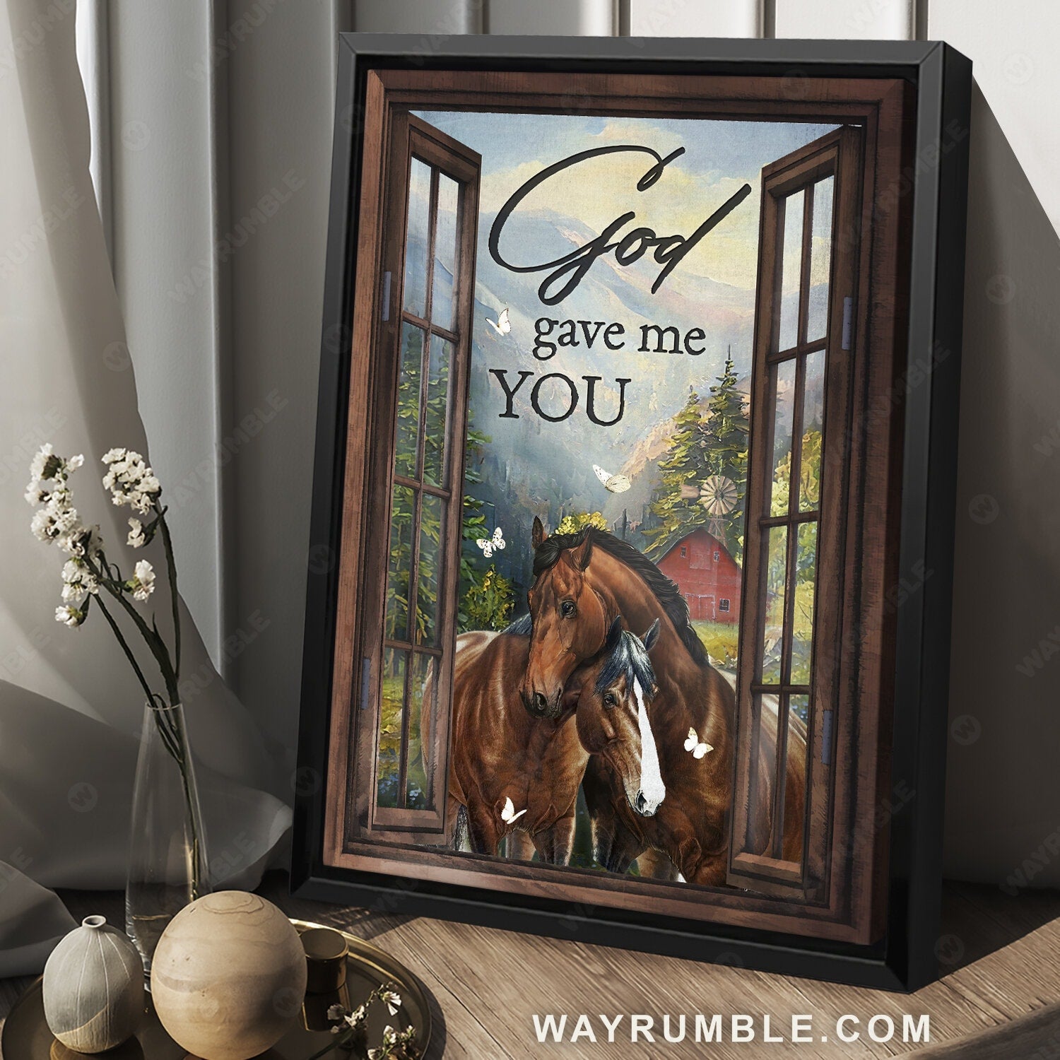 Dream horses, Green mountain, Wooden window, God gave me you - Jesus Portrait Canvas Prints, Christian Wall Art