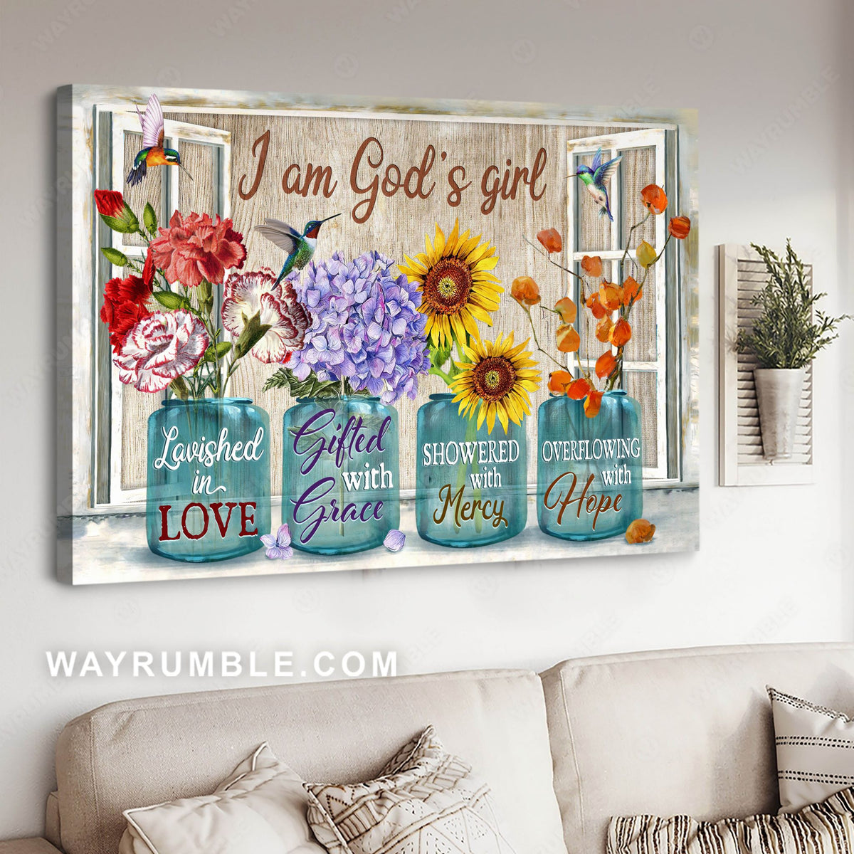 Red carnation, Purple hydrangea, Sunflower, Glass jar, I am God's girl - Jesus Landscape Canvas Prints, Christian Wall Art
