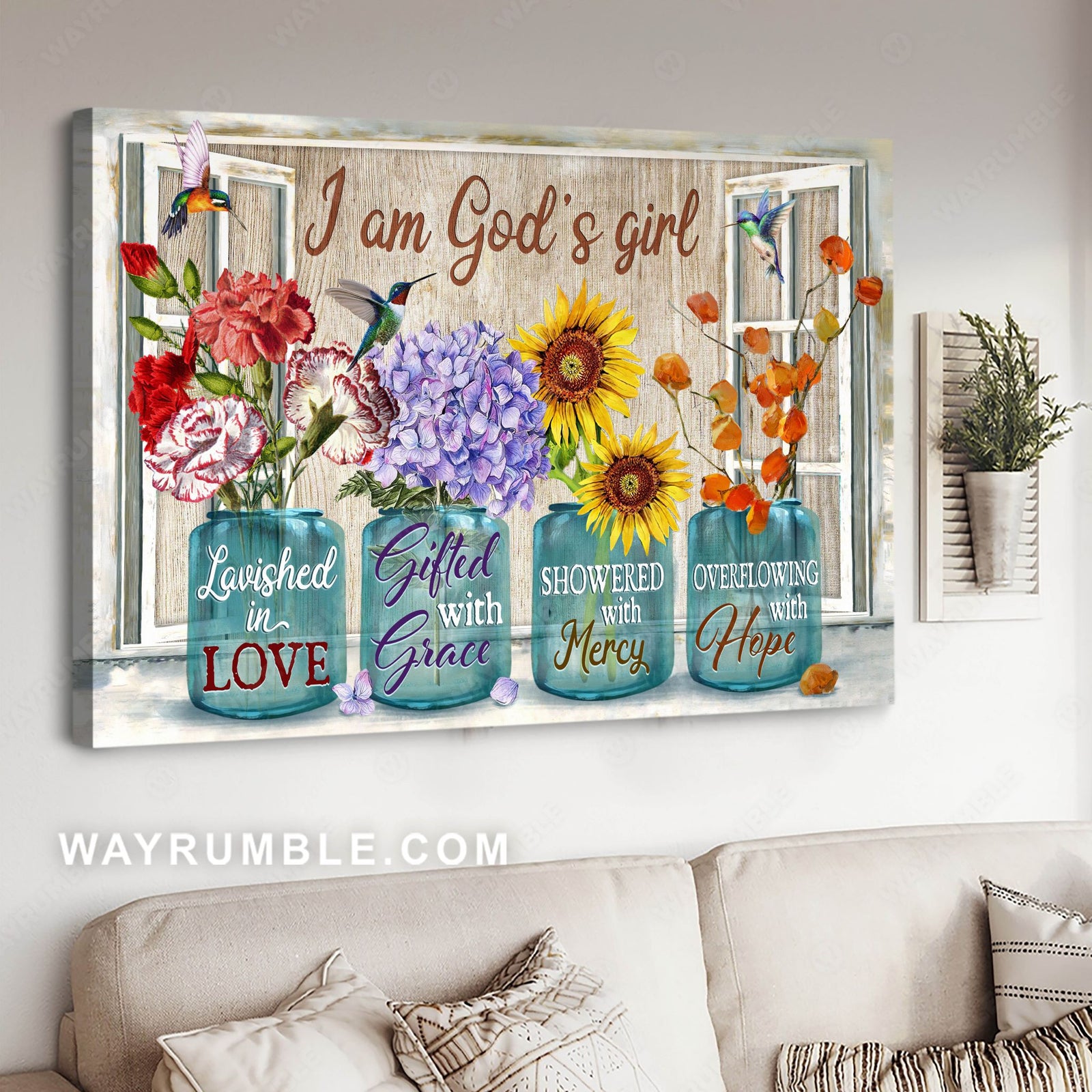 Red carnation, Purple hydrangea, Sunflower, Glass jar, I am God's girl - Jesus Landscape Canvas Prints, Christian Wall Art