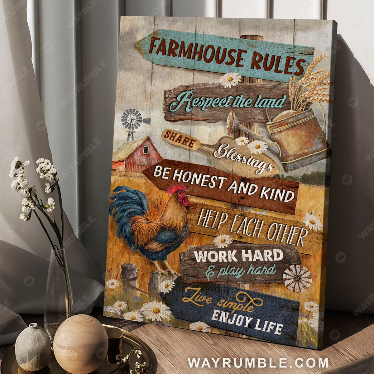 Rooster painting, Daisy flower, Rice field, Farmhouse rules - Jesus Portrait Canvas Prints, Christian Wall Art