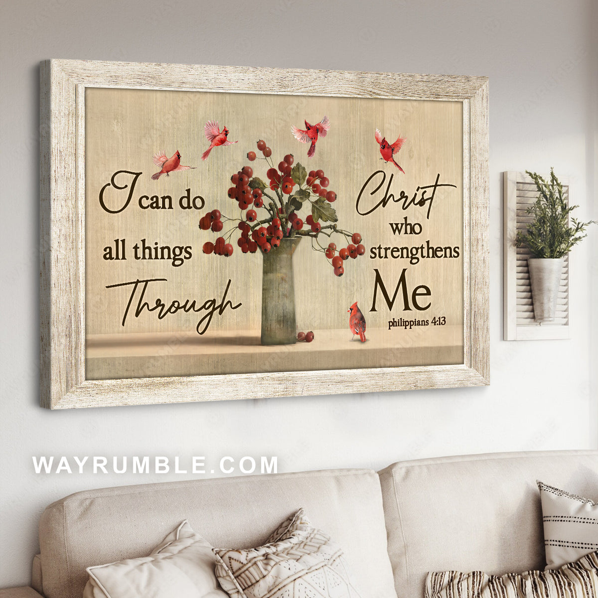 Cranberry vase, Beautiful cardinal, I can do all things through Christ who strengthens me - Jesus Landscape Canvas Prints, Christian Wall Art