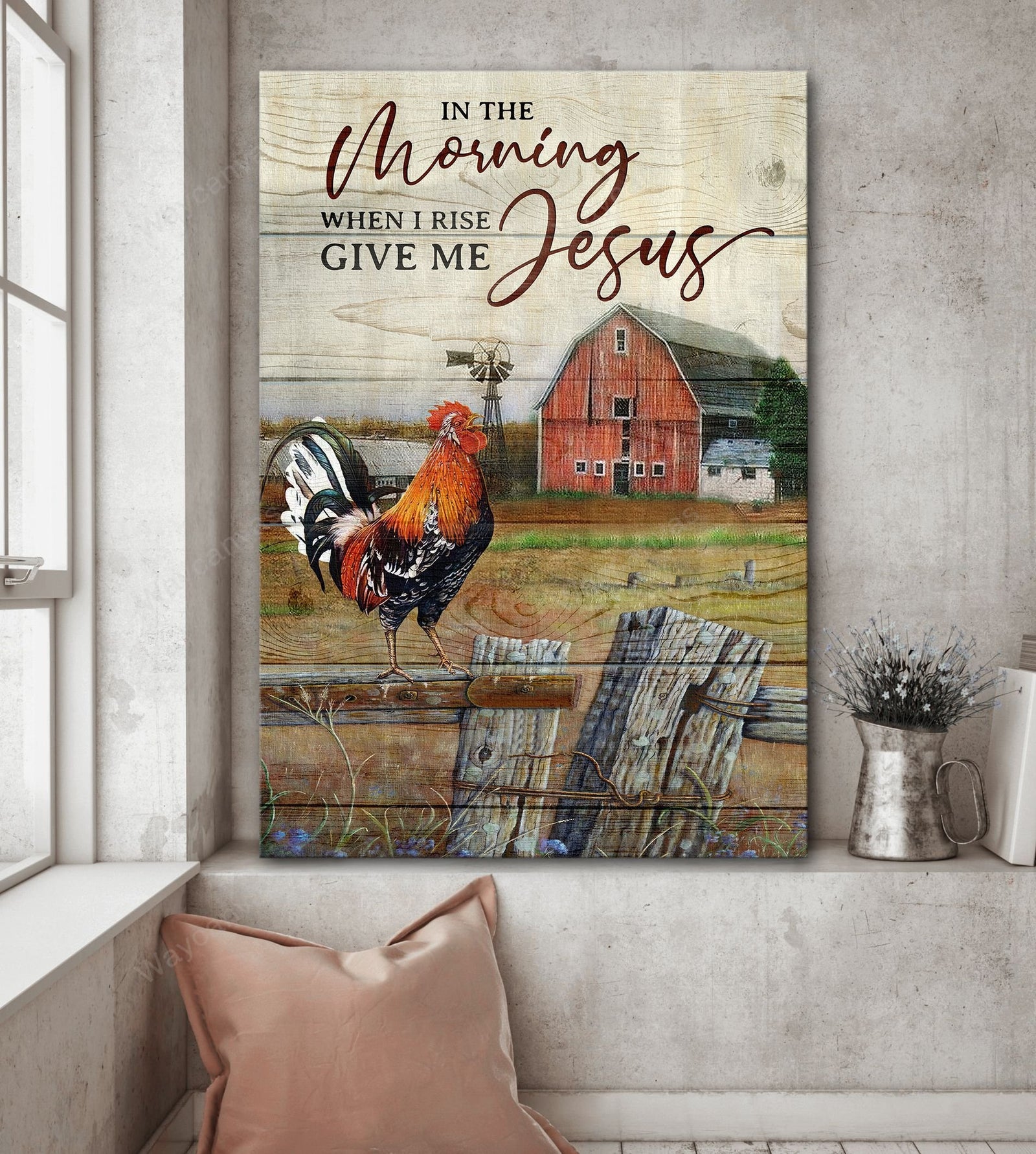 Crowing rooster, Peaceful farm, In the morning when I rise give me Jesus - Jesus Portrait Canvas Prints, Wall Art