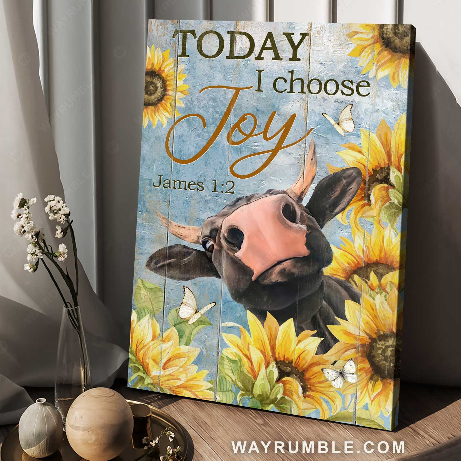 Amazing cow, Sunflower frame, Blue sky, Today I choose joy - Jesus Portrait Canvas Prints, Home Decor Wall Art