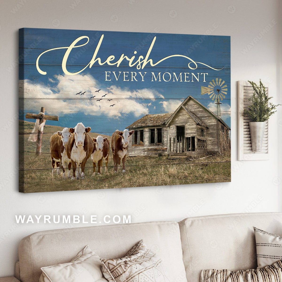 Spotted cows, Old barn, Meadow land, Cherish every moment - Jesus Landscape Canvas Prints, Christian Wall Art