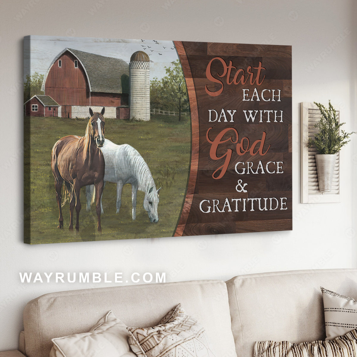 Green meadow land, Horses drawing, Start each day with God grace and gratitude - Jesus Landscape Canvas Prints, Christian Wall Art