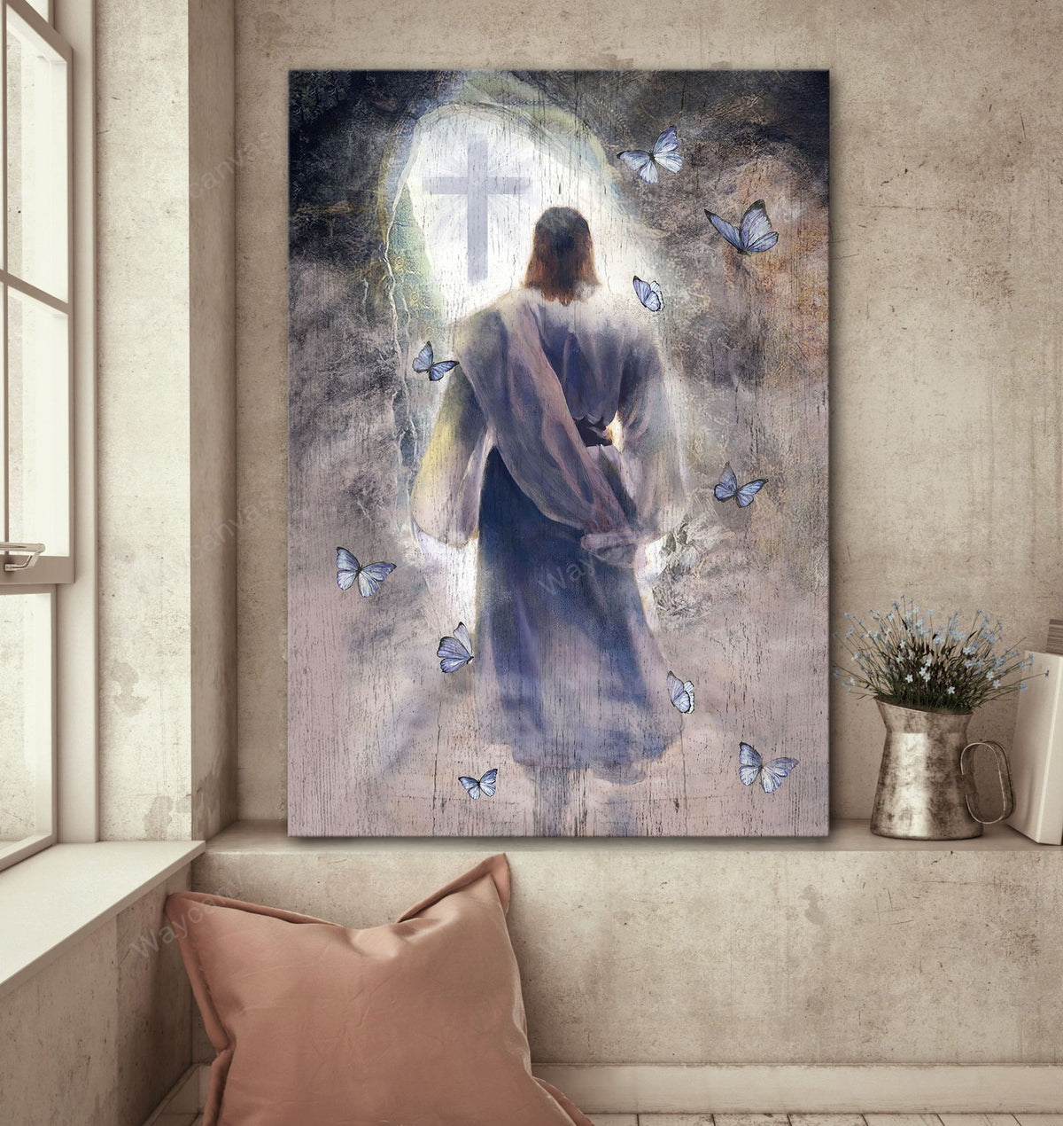 Jesus Painting, Cross, Butterfly, Follow him toward the light - Jesus Portrait Canvas Prints, Wall Art