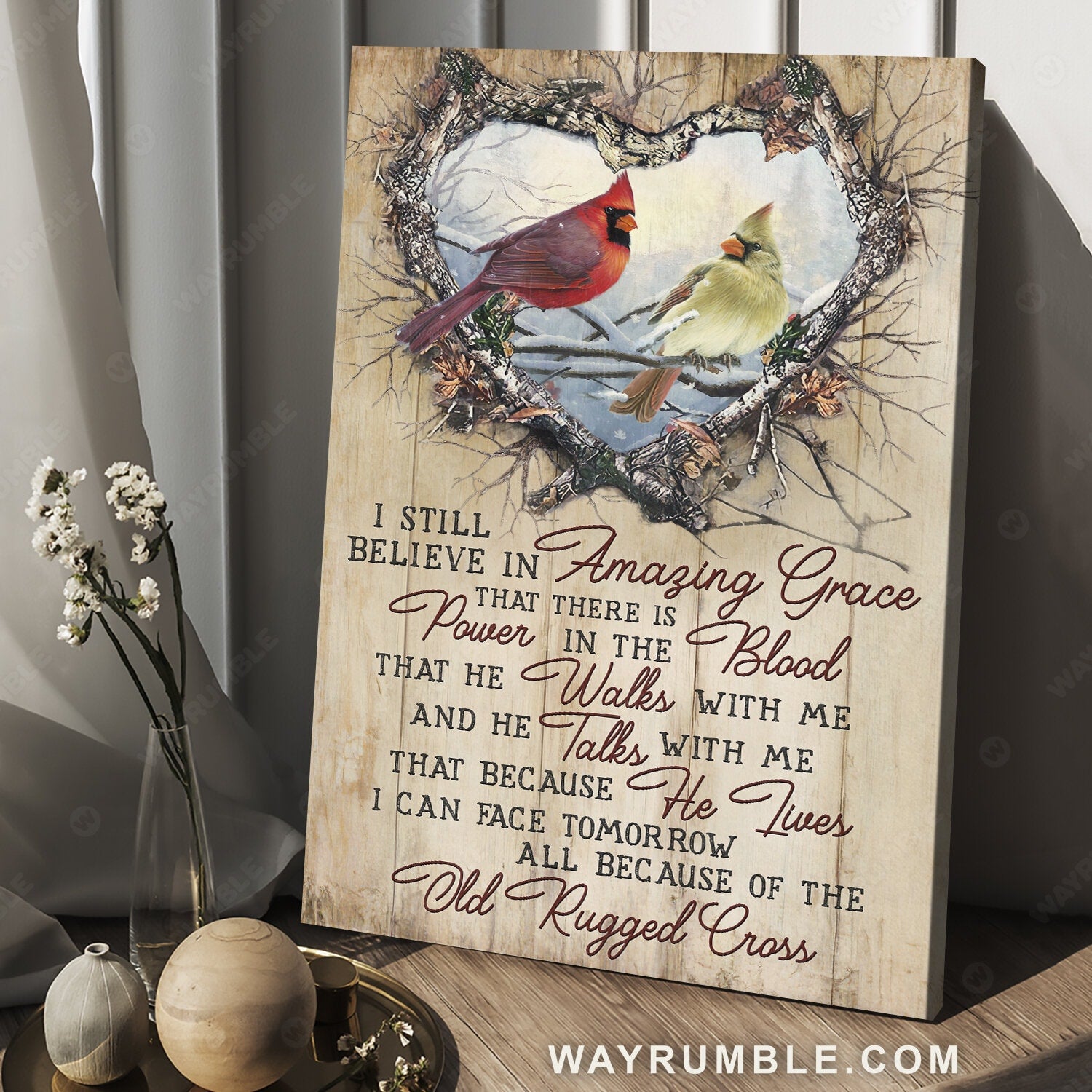 Red cardinal, Heart of thorn, White snow, I still believe in amazing grace - Jesus Portrait Canvas Prints, Christian Wall Art