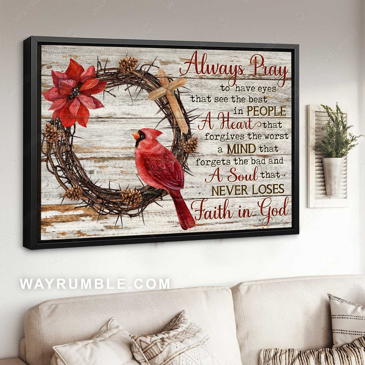 Poinsettia flower wreath, Red cardinal, Never loses faith in God - Jesus Landscape Canvas Prints, Home Decor Wall Art