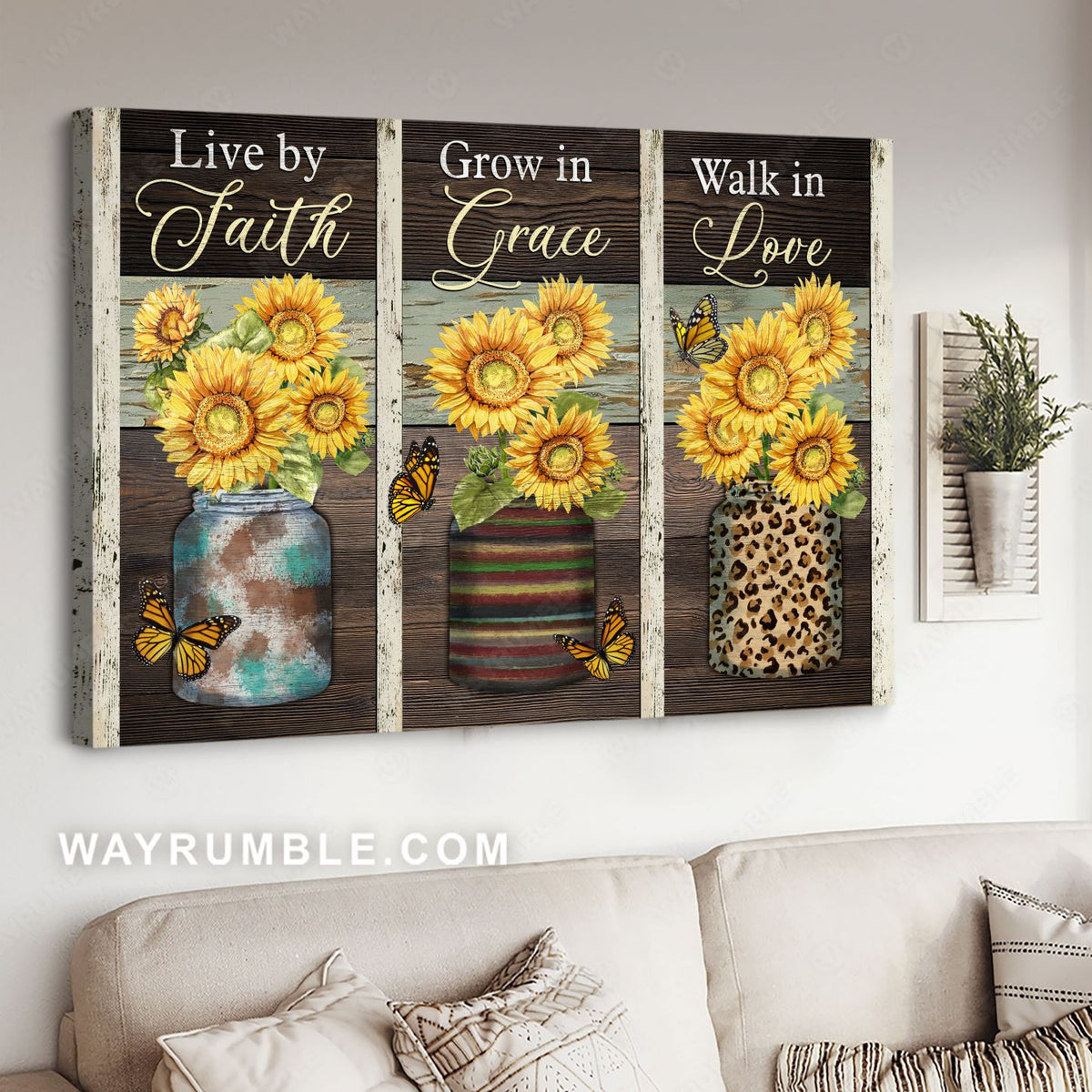 Sunflowers in mason jars, Monarch butterfly, Live by faith - Jesus Landscape Canvas Prints, Christian Wall Art