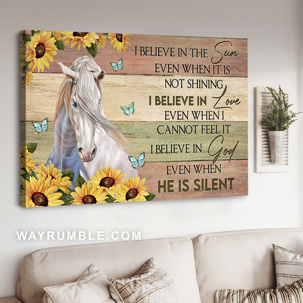 Quarter horse, Sunflower frame, I believe in God even when he is silent - Jesus Landscape Canvas Prints, Christian Wall Art