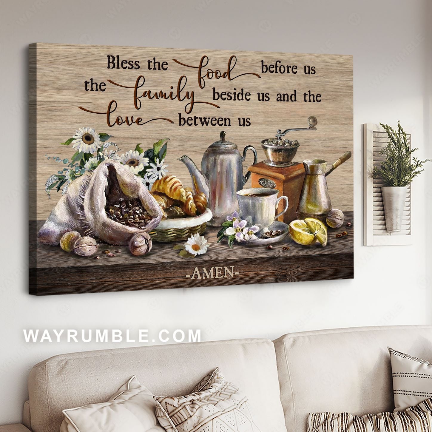 Croissants, Coffee cup, Coffee beans, Bless the food - Jesus Landscape Canvas Prints, Christian Wall Art