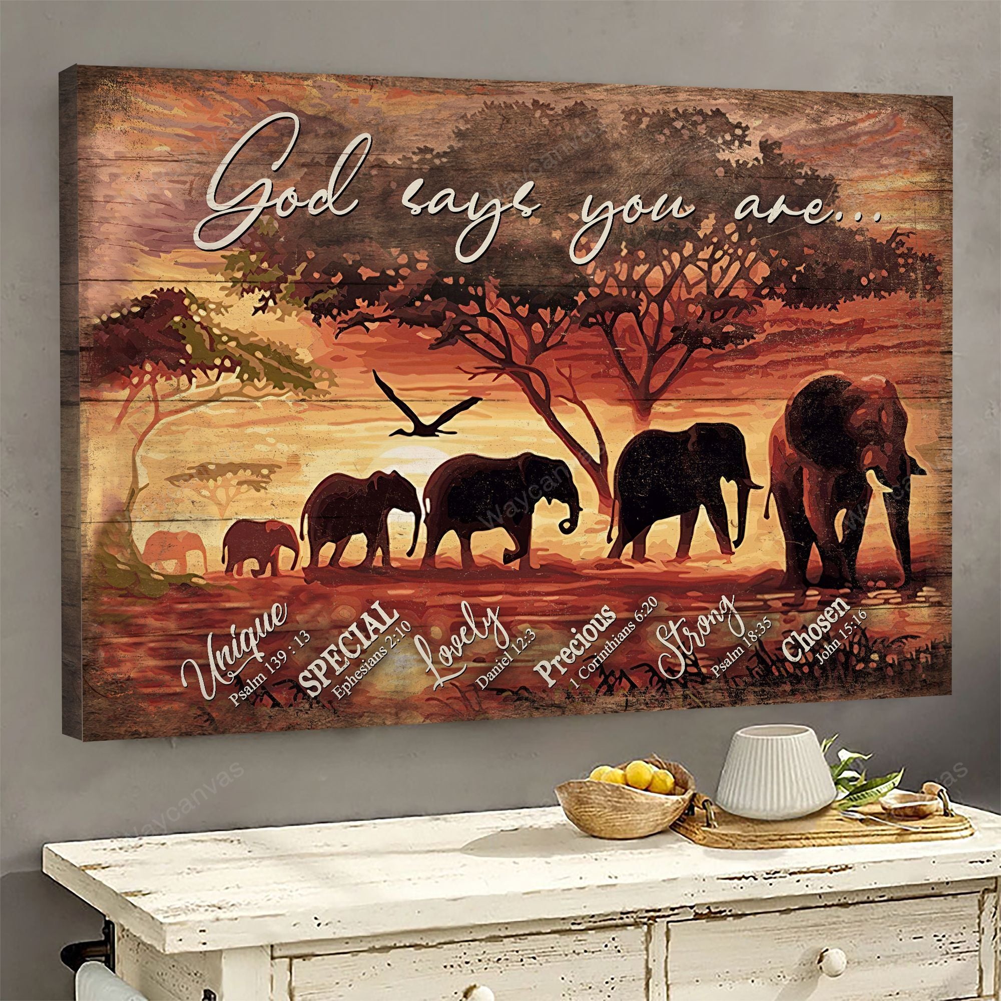 Elephant, Sunset Painting, Desert, God says you are - Jesus Landscape Canvas Prints, Wall Art