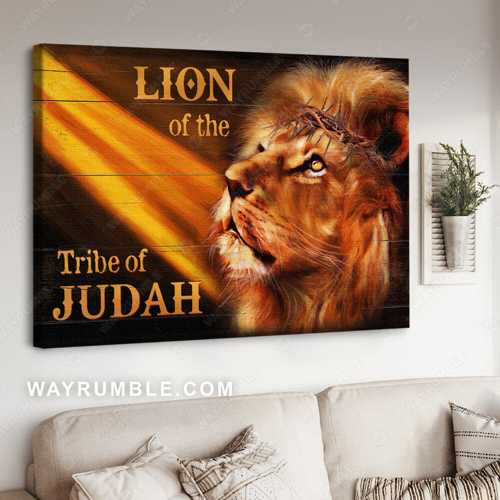 Watercolor lion, Orange background, Crown of thorn, Lion of the Tribe of Judah - Jesus Landscape Canvas Prints, Christian Wall Art