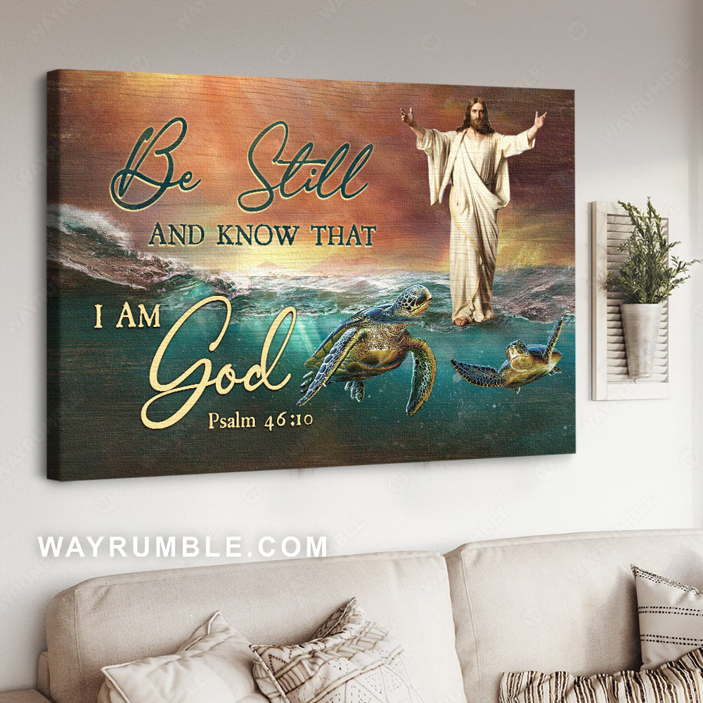 Ocean view, Sea turtle drawing, Face of Jesus, Be still and know that I am God - Jesus Landscape Canvas Prints, Christian Wall Art