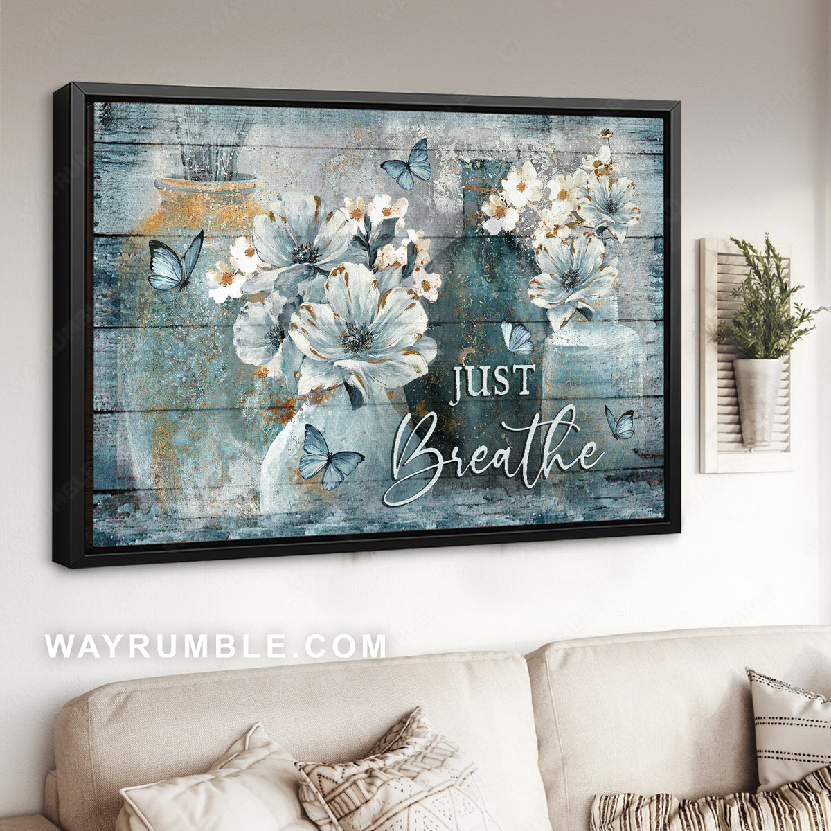 Vintage flower, Camellia painting, Blue butterfly, Just breathe - Jesus Landscape Canvas Prints, Christian Wall Art