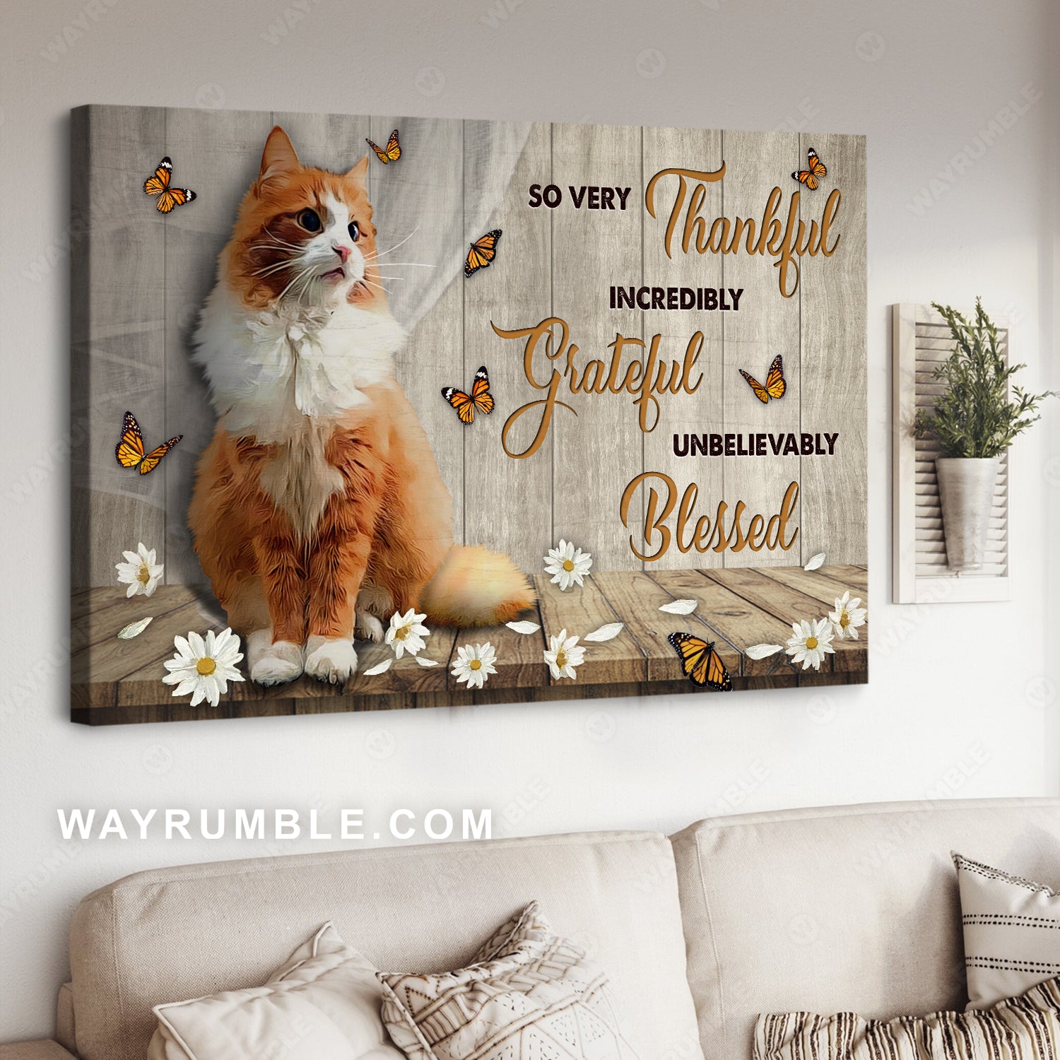 Beautiful cat, White daisy, Pretty butterfly, So very thankful - Jesus Landscape Canvas Prints, Christian Wall Art