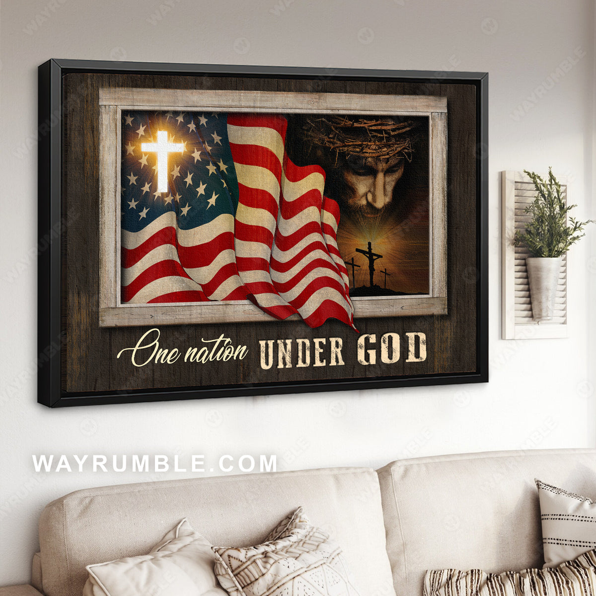 Vintage US flag, Unique cross, The face of Jesus, One nation under God - Jesus Landscape Canvas Prints, Christian Wall Art