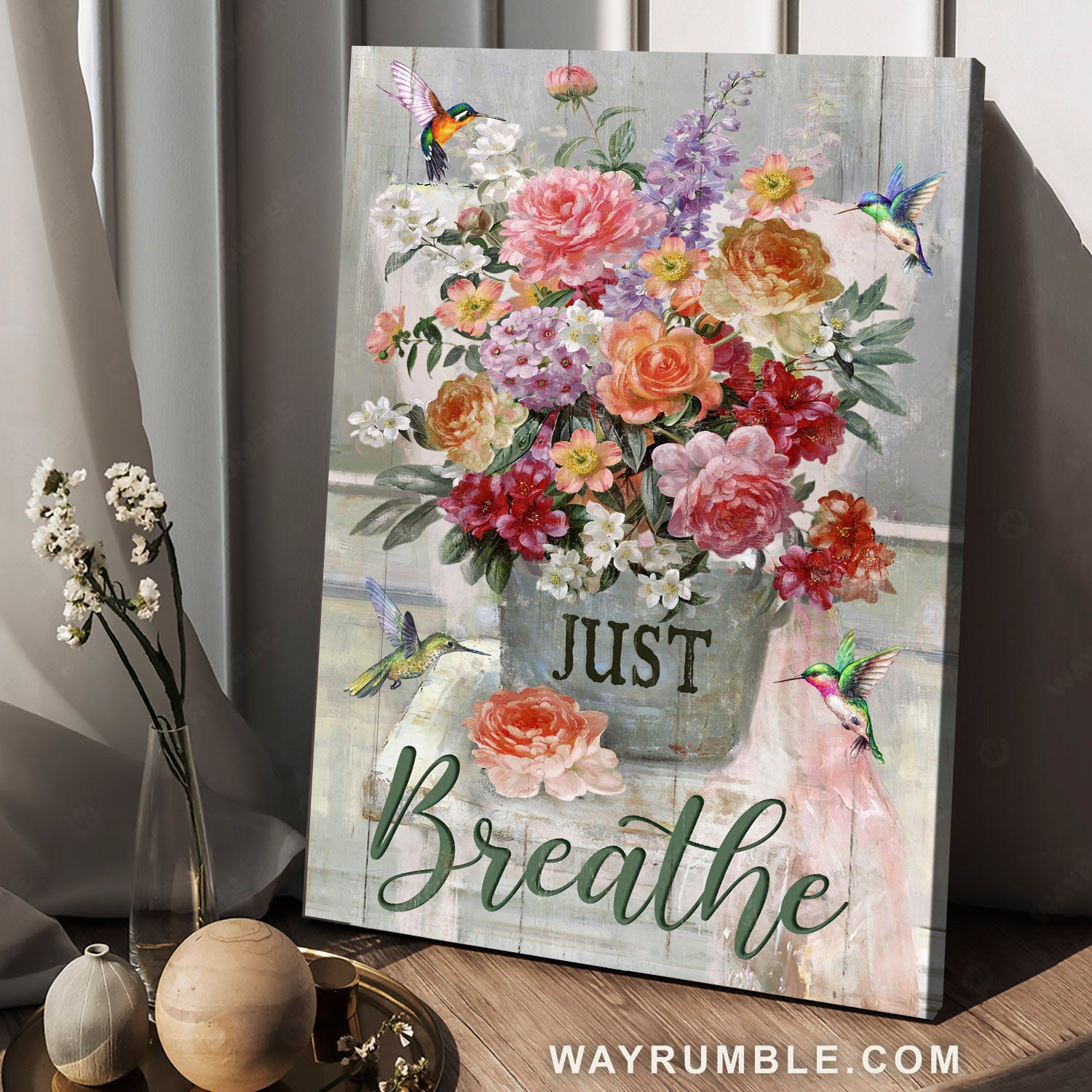Vintage flower vase, Hummingbird painting, Just breathe - Jesus Portrait Canvas Prints, Christian Wall Art