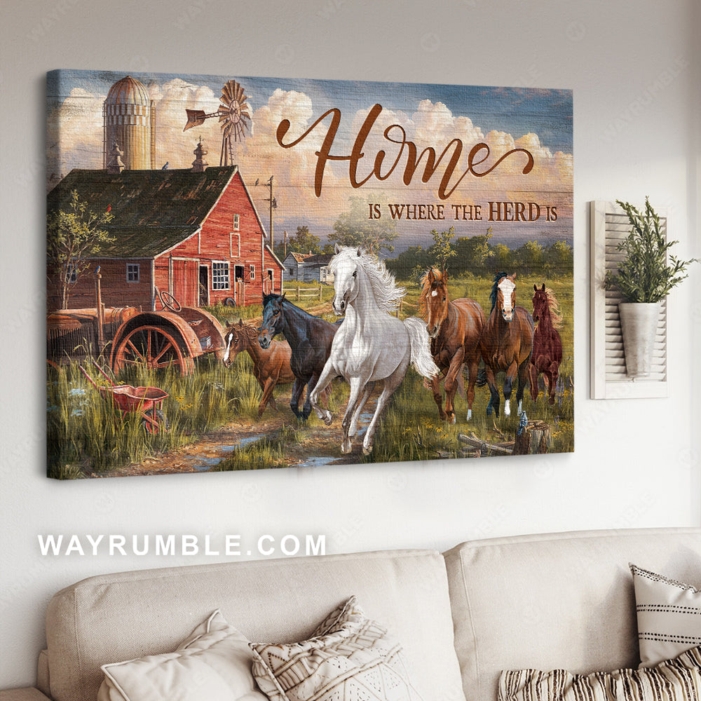 Green meadow land, Running horse, Blue sky, Home is where the herd is - Jesus Landscape Canvas Prints, Christian Wall Art