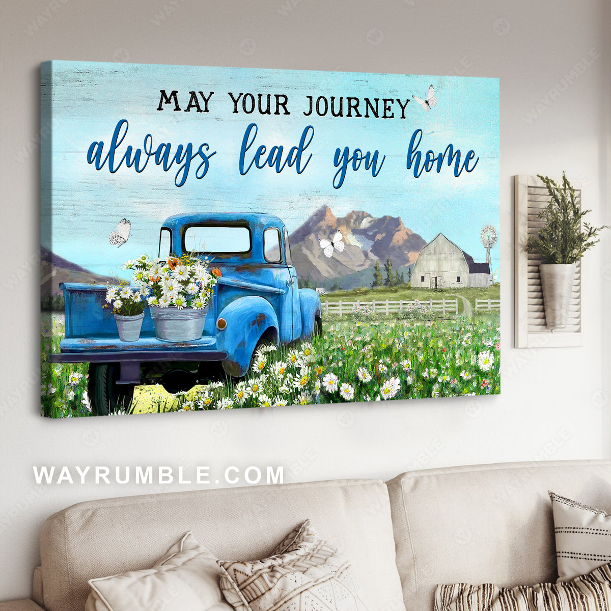 Blue ladybug car, Daisy field, Beautiful sky, May your journey always lead you home - Jesus Landscape Canvas Prints, Christian Wall Art