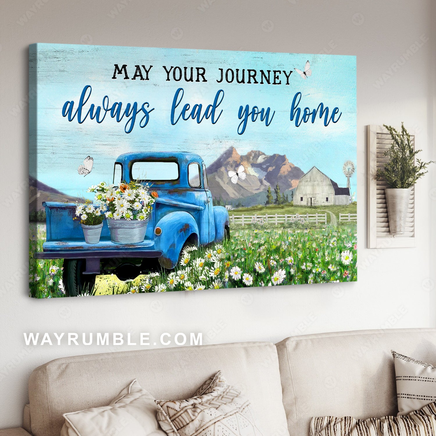 Blue ladybug car, Daisy field, Beautiful sky, May your journey always lead you home - Jesus Landscape Canvas Prints, Christian Wall Art