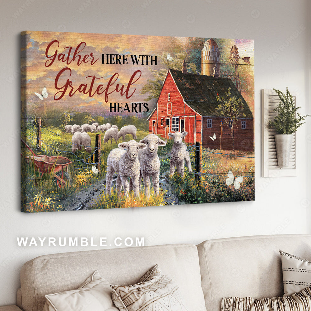 Cute sheep, Green farm, Colorful sunset, Gather here with grateful hearts - Jesus Landscape Canvas Prints, Christian Wall Art