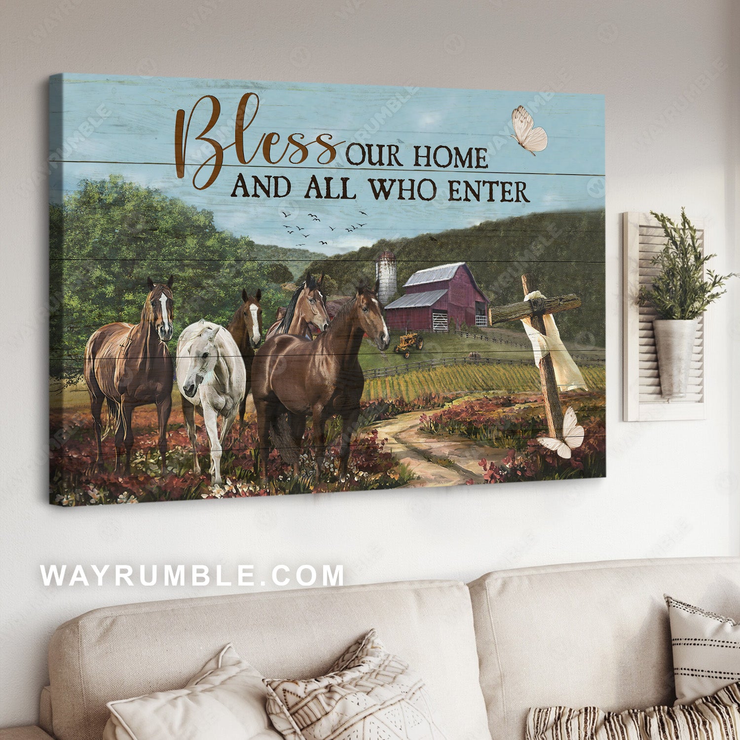 Quarter horses, Blue sky, Flower field, Bless our home - Jesus Landscape Canvas Prints, Christian Wall Art