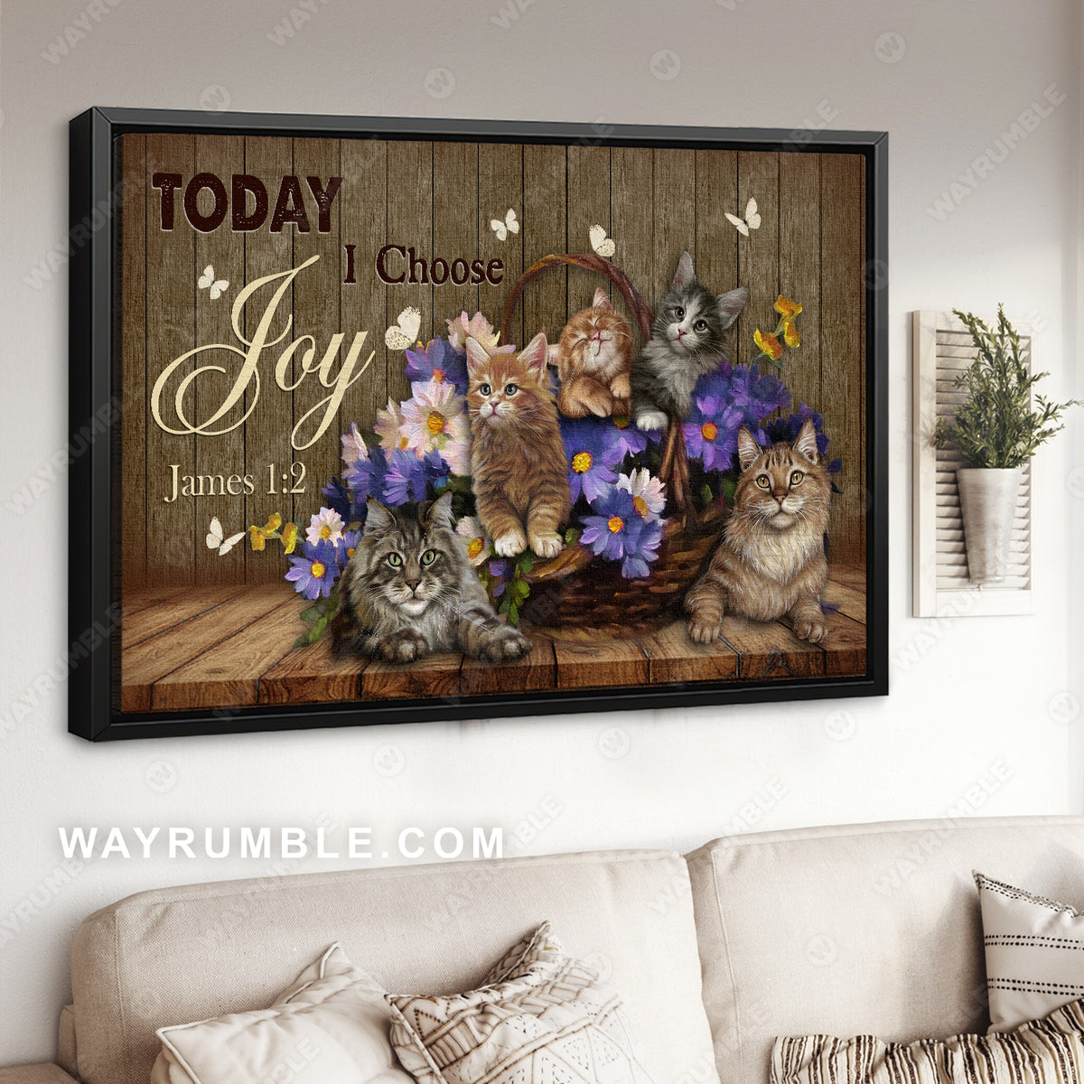 Little cat drawing, Violet flower, Pretty butterfly, Today I choose joy - Jesus Landscape Canvas Prints, Christian Wall Art