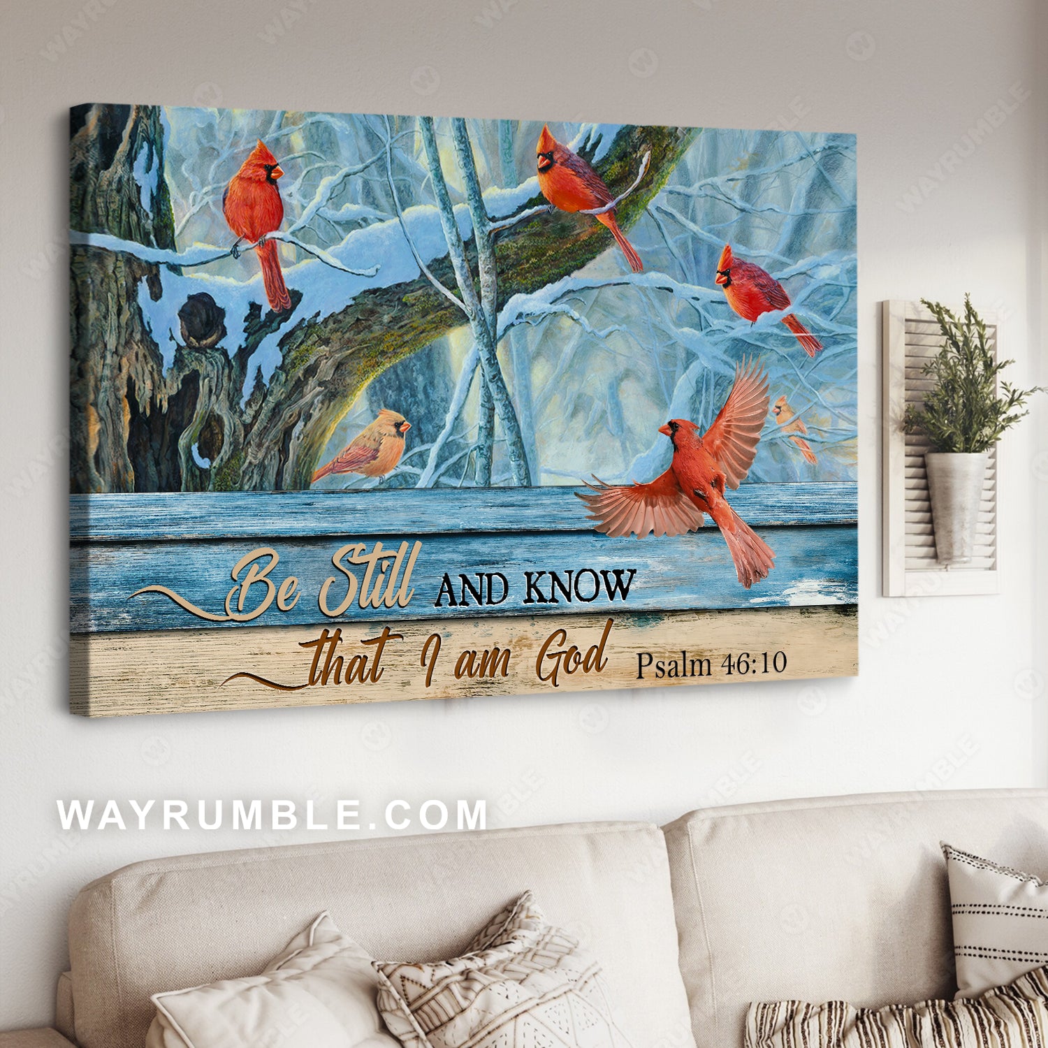 Cardinal drawing, Blue light, Winter, Be still and know that I am God - Jesus Landscape Canvas Prints, Christian Wall Art