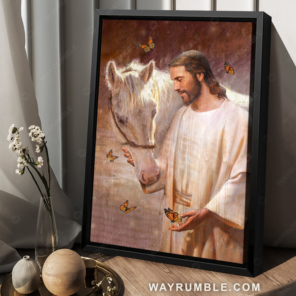 Pretty white horse, Monarch butterfly, Walking with Jesus, Way to heaven - Jesus Portrait Canvas Prints, Home Decor Wall Art
