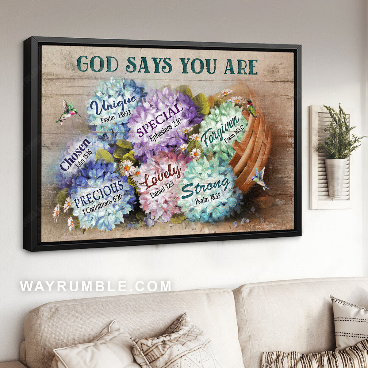 Pretty hydrangeas, Rattan basket, Hummingbird, God says you are unique - Jesus Landscape Canvas Prints, Christian Wall Art