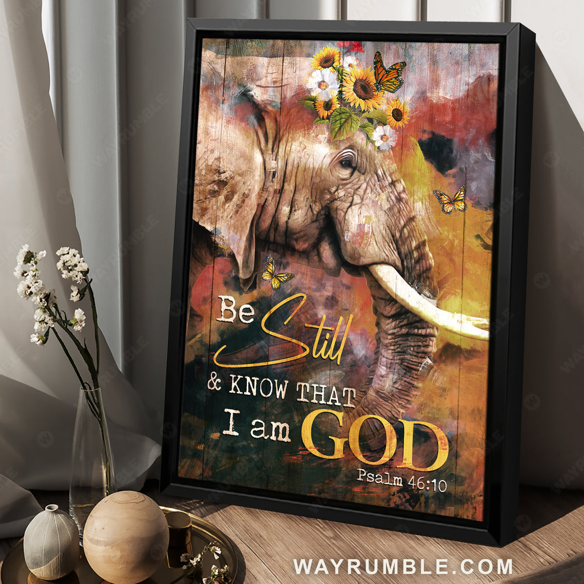 African elephant, Sunflower wreath, Watercolor painting, Be still I am God - Jesus Portrait Canvas Prints, Christian Wall Art